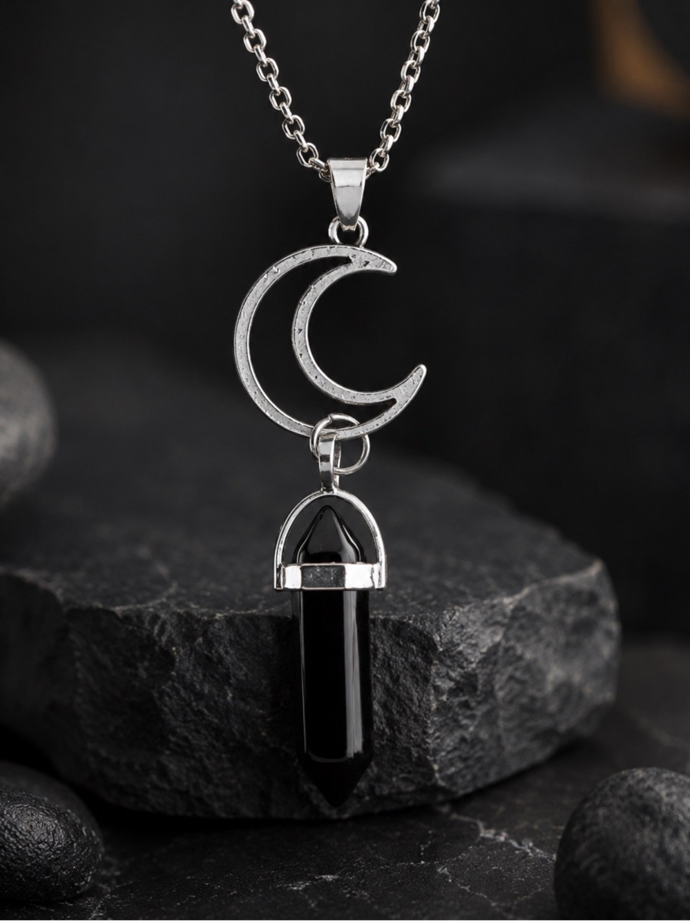 🌸 Obsidian Crystal Pendant with Crescent Moon
